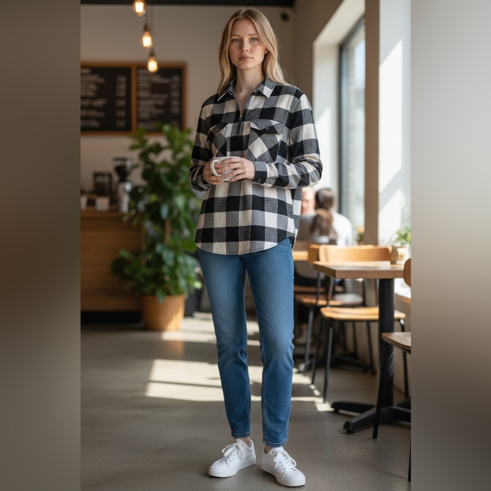 J. Crew Buffalo Check Flannel Top Quarter Zip Women’s Medium Black Creme